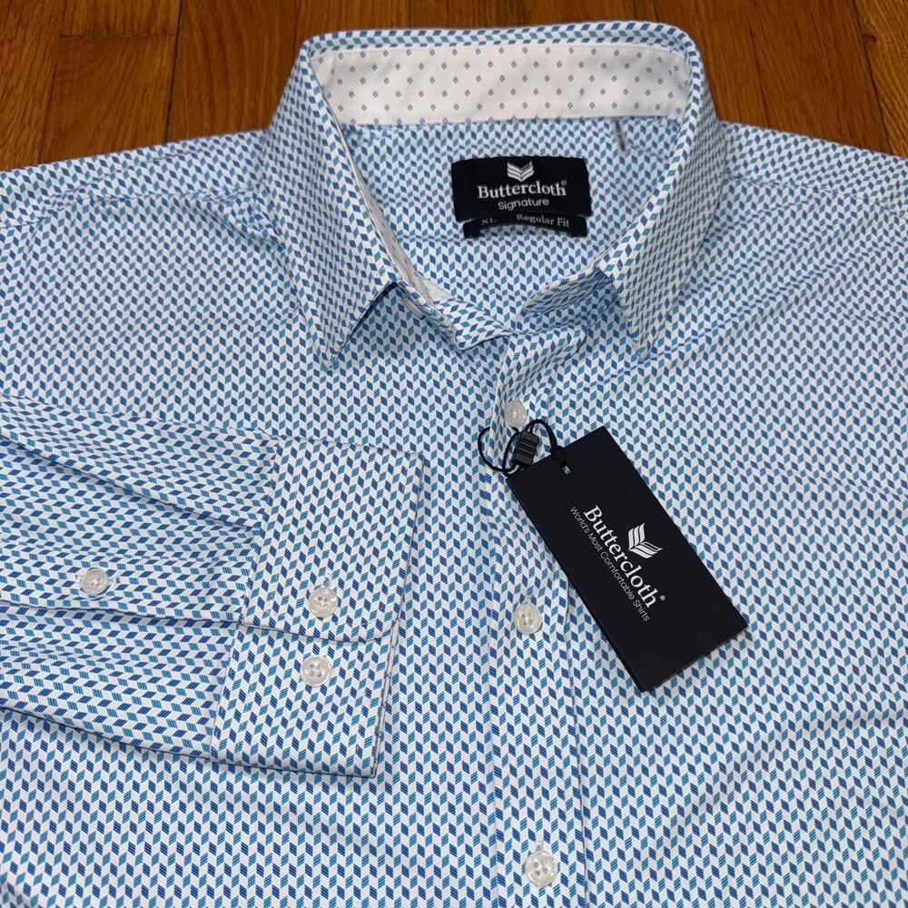 Buttercloth Wavelength Stretch Button Up Dress Shirt Men's XL Reg Fit Ocean Blue
